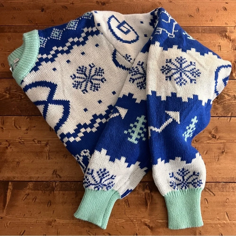 Roody Ugly Christmas Holiday Men's size Small Blue white Knit Sweater Snowflake
